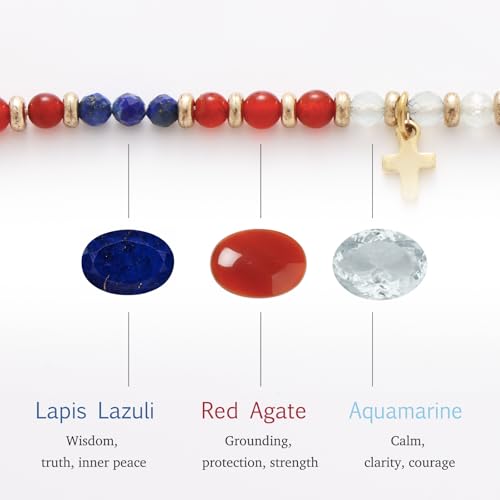 Christian Gifts for Women, Cross Bracelet, Natural Stone Beaded Jewelry - color: Red