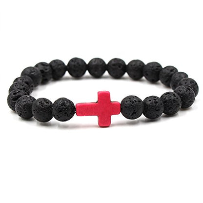 Softones 4PCS Cross Beads Bracelet for Men Women 8mm Healing Lava Stone Stretch Bracelets,7.5" - color: B:4Pcs a set