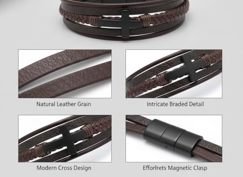 Stainless Steel Braided Leather Bracelet for Men Cuff Bangle Cross - color: Brown&Black
