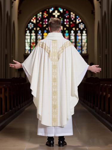 FAD-4U Church Catholic Priest Chasubles Vestments for Church Mass Vestments Robe with Stole - color: White
