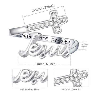 Jesus Cross Ring,Sterling Silver Adjustable Open Faith Cross Religious Ring Christian Inspiring Incentive Jewerly Gifts for Women
