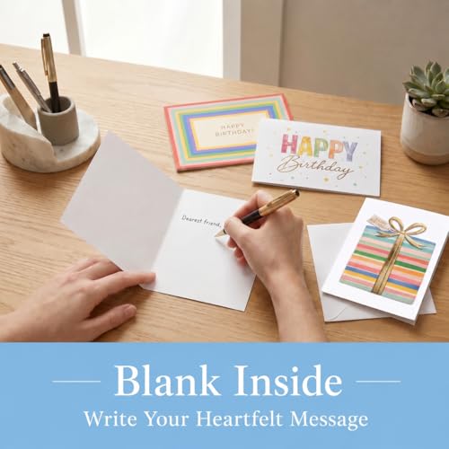 100 Pack Birthday Cards Bulk with Envelopes & Stickers, Large 5x7 Assorted Happy Birthday Cards, 300gsm Thick Cardstock, Gold Foil Designs, Blank Inside, Storage Box Included