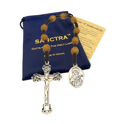 Pocket Rosary, Prayer Beads with Saints Medal and Cross/Crucifix - style: St Therese, 9 Beads, Light Brown Wood, Chaplet Chain