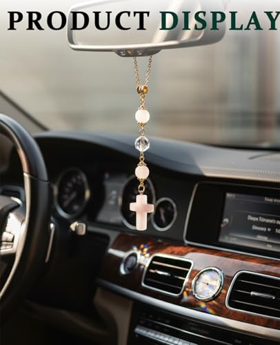 2PCS Crystal Cross for Car Mirror Hanging, Cute Healing Stones Car Rear View Charm Accessories Ornament for Sun Catcher