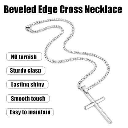 Fiusem Beveled Edge Cross Necklace for Men - size: 22 inches length, style: Silver cross: 1.6"*1.0"