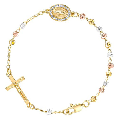 Rosary Cross Bracelet for Women, Virgin Mary Gold Silver Rose Gold 4mm Rosary Beads Catholic Bracelet - color: Gold-Silver-Rose Gold