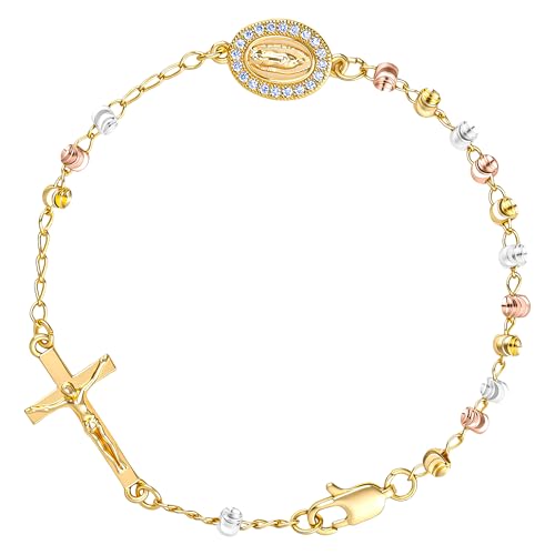 Rosary Cross Bracelet for Women, Virgin Mary Gold Silver Rose Gold 4mm Rosary Beads Catholic Bracelet - color: Gold-Silver-Rose Gold