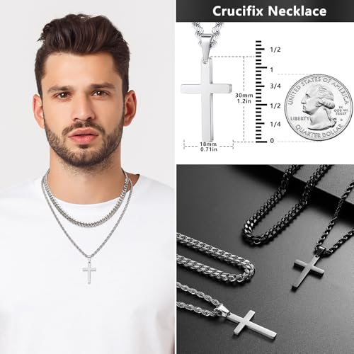 Romass 4Pcs Cross Necklace for Men Teen Boys,Stainless Steel Chains for Men Layered Necklaces Silver Gold Black Pendant Jewelry Box Gifts 18-24 Inches - size: Chain-16in/Necklace-18in, style: 4Pcs 1.2"* 0.7"pendant-Silver+Black