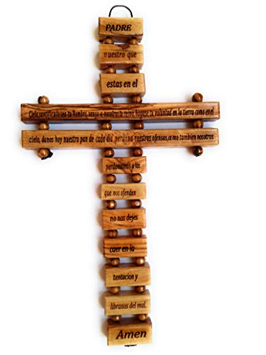 Olive Wood Large Wall Cross (9 Inches) with Lord's Prayer (Our Father Prayer) in Spanish (Español) Handmade in Bethlehem Holy Land - size: 23"L x 9"W