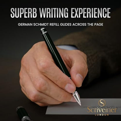 Scriveiner Black Green Rollerball Pen - Stunning Luxury Pen, Chrome Finish, Schmidt Ink Refill, Best Roller Ball Pen Gift Set for Men & Women, Professional, Executive Office - color: 15. Very Dark Black Green with Chrome
