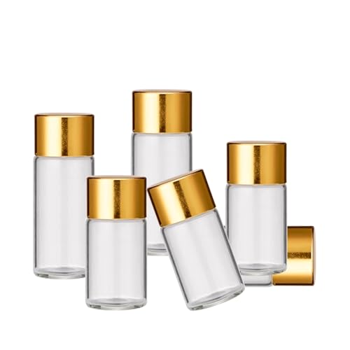 50Pcs 5ml Mini Essential Oil Bottles with Orifice Reducers and Gold Caps,5ml Clear Glass Bottles Vials Sample Bottles, for Perfume, Aromatherapy, Cosmetic Oils Container - size: 5ml