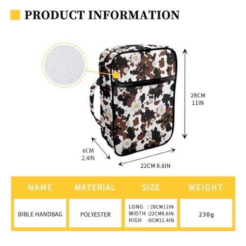 Coldinair Daisy Bible Cover for Women,Canvas Carrying Book Case Brown Cow Print Church Bag Bible Holder with Handle and Zippered Pocket - color: Daisy Brown Cow Print
