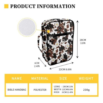 Coldinair Daisy Bible Cover for Women,Canvas Carrying Book Case Brown Cow Print Church Bag Bible Holder with Handle and Zippered Pocket - color: Daisy Brown Cow Print