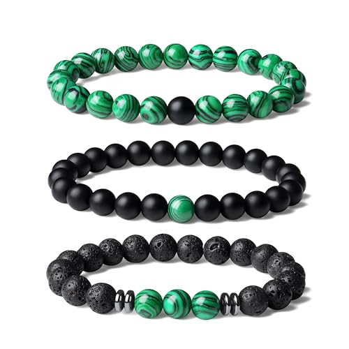 Mens Beaded Bracelets, 8MM Beaded Bracelets for Men, Natural Tiger Eye Bead Bracelet, Stretch Elastic Beads Bracelets for Men - color: 3 malachite black volcanic