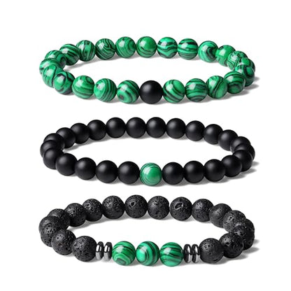 Mens Beaded Bracelets, 8MM Beaded Bracelets for Men, Natural Tiger Eye Bead Bracelet, Stretch Elastic Beads Bracelets for Men - color: 3 malachite black volcanic