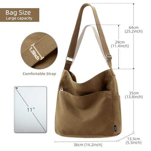 KALIDI Canvas Tote Bag Zipper Large Crossbody Shoulder Bag Messenger Bag - color: Abrown