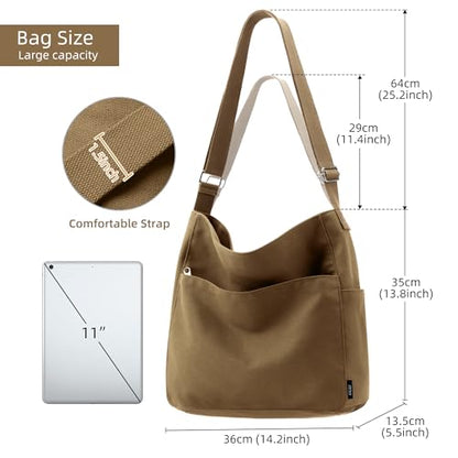 KALIDI Canvas Tote Bag Zipper Large Crossbody Shoulder Bag Messenger Bag - color: Abrown