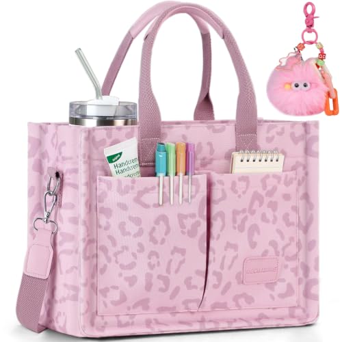 BECOJADDE Structured Canvas Tote Bag for Women, Multi-Compartment Zippered Purse for Work Bible Travel - color: Leopard Pink, size: Medium