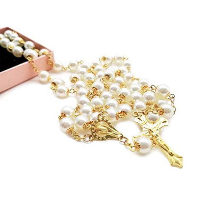 Rosary Beads Catholic for Women Girls, First Holy Communion Rosary Gifts for Girls Catholic, Gold White Rosary Necklace for Women Imitation Pearl Beads Necklace Rosarios Catolicos - color: White