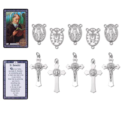 10 Pcs St Benedict Medals Cross Charms and Virgin Mary Rosary Centerpieces for Rosary Making Supplies,Medalla De La Virgen Milagrosa Catolica with Saint Benedict for Necklaces Pendant Rosary Kit - color: 10 Pcs St Cross
