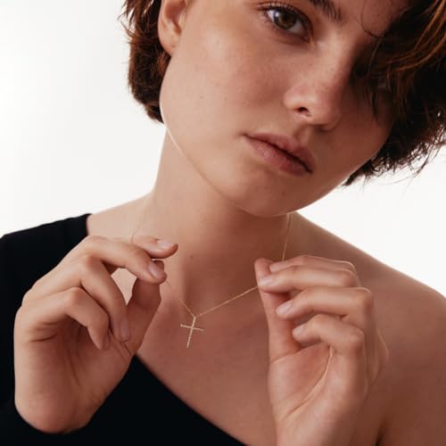 Gelin Dainty Elongated Pave Diamond Cross Necklace for Women in 14K Solid Gold, 18 Inch Chain