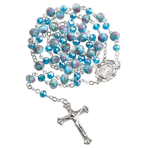 Murano Glass Rose Beads Catholic Virgin Mary Rosary Necklace Women - color: Lake Blue