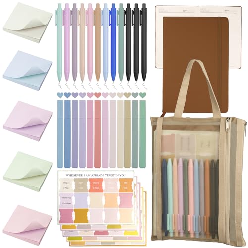 Bible Study Supplies,Bible Journaling Kit,Bible Study Kit with Journal,12 No Bleed Highlighters,12 Gel Pens,75 Tabs, 400 Sticky Notes,Christian Gifts for Women Men (Brown) - color: Brown
