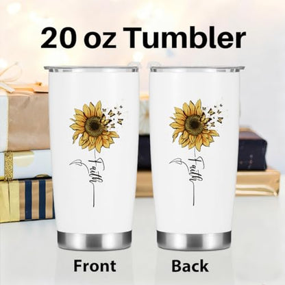 Sunflower Gifts for Women Best Friend Tumbler, Positive Butterfly Christian Gift Birthday Christmas, Faith Religious Gifts Coffee Mug Stainless Steel Vacuum Insulated Double Wall Travel Cup with Lid - color: Sunflower 1227