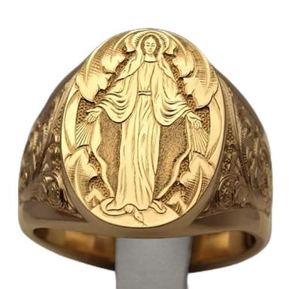 LIOYSIUT Mens Womens Silver Ring 18K Gold Plated Engraved Signet Ring Virgin Mary Bible Verse Prayer Rings Christian High Polished Stackable Plate Knuckle of Religious Gifts Jewelry Size 8 - size: Size 8