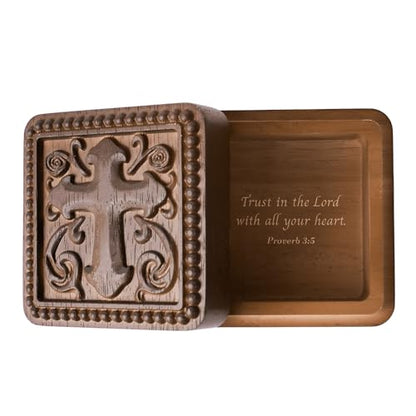 Hand-Carved Wooden Cross Rosary Box, Catholic Gift for Men Women - color: Cross