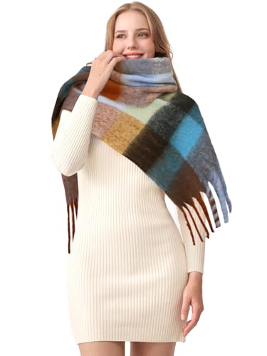 HOTIAN Women's Large Scarf Colorful Chunky Plaid Scarves Soft Winter Thick Tassel Warm Wrap Shawl - color: Light Blue Gray