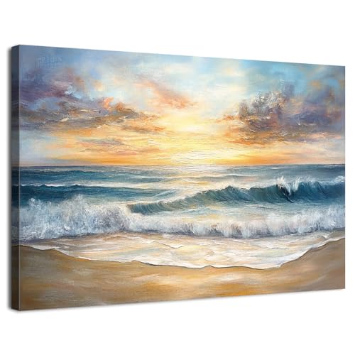 Beach Wall Art Sunset Beach Bathroom Decor Abstract Ocean Landscape Painting Poster Nature Coastal Canvas Prints Modern Ocean Waves Seascape Artwork for Kitchen Living Room Home Decoration 12x16" - color: Ocean, size: 16"L x 12"W