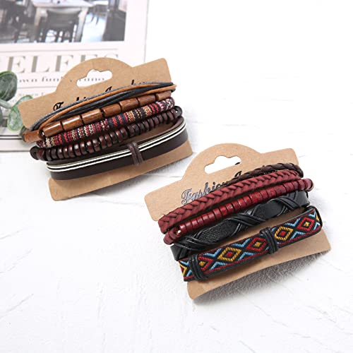 HZMAN Handmade Hemp Cords Wood Beads Leather Bracelets for Men Women - style: 2Pcs Leather Bracelets