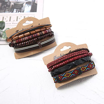 HZMAN Handmade Hemp Cords Wood Beads Leather Bracelets for Men Women - style: 2Pcs Leather Bracelets