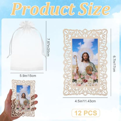 12 Sets Catholic Saint Joseph Picture Frames with Gift Bags, Baptism Favors for Guests, Openwork Carving Prayer Wooden Tablets, First Communion Favors Catholic Gifts Bulk, Recuerdos de Bautizo