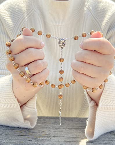 Nazareth Store Catholic Prayer Rosary Olive Wood Beads Necklace Holy Soil Medal & Metal Cross Velvet Gift Bag