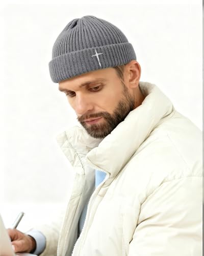 Men's Knitted Skull Cap Cross Embroidered Fisherman Beanie - color: Grey