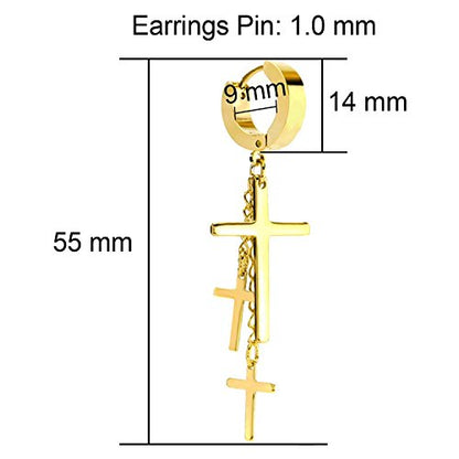 JewelrieShop Cross Tassel Stainless Steel Urban Huggie Hinged Hoop Dangle Earrings - color: 01. 2 Pairs (Steel + Gold)