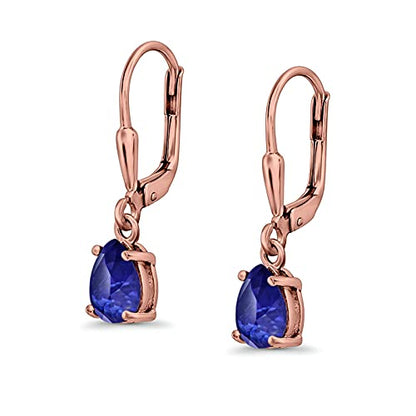 Teardrop Bridal Dangling Leverback Earrings Pear Cubic Zirconia 925 Sterling Silver - color: Rose Tone, Simulated Blue Sapphire CZ