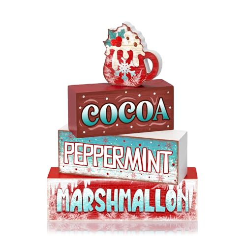 Britimes Christmas Tiered Tray Decor Set, 4 Pack, Wooden Table Sign, Winter - style: Hot Cocoa