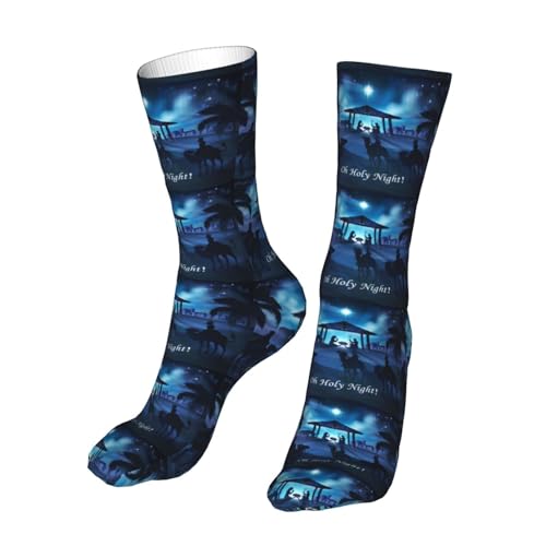 Christian Christmas Nativity Scene O Holy Night Sock Womens Short Stockings Casual Sport Crew Socks for Women Men - color: Blue
