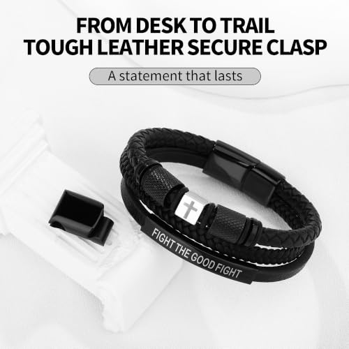 Leather Cross Bracelet for Men, Inspirational Christian Bracelet - color: FIGHT THE GOOD FIGHT