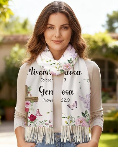 Bozidol Prayer Shawl for Women Christian Floral Cross Bible Verse Scarf Clothes for Christmas Mothers Day Birthday Gifts - color: Spanish