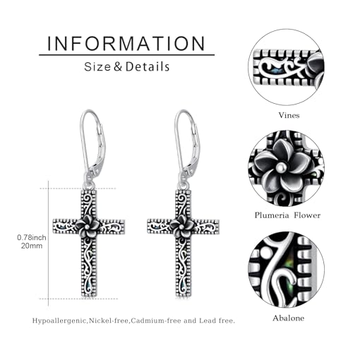 925 Sterling Silver Sunflower/Rose/Plumeria/Hibiscus/Mushroom Cross Earrings for Women Hawaiian Flower/Butterfly Cross Dangle Drop Earrings Jewelry Faith Christian Gift for Her Daughter Wife Girlfriend - style: Plumeria Cross