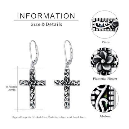925 Sterling Silver Sunflower/Rose/Plumeria/Hibiscus/Mushroom Cross Earrings for Women Hawaiian Flower/Butterfly Cross Dangle Drop Earrings Jewelry Faith Christian Gift for Her Daughter Wife Girlfriend - style: Plumeria Cross
