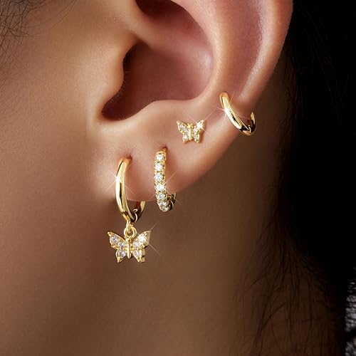 Small Gold Huggie Hoop Earrings Set for Women Men Hypoallergenic 14K Plated Stack Cartilage Earrings, Sterling Silver Multiple Piercing Lightweight Mini Thin Cute Dainty Trendy Jewelry Gifts for Women - color: Gold-Butterfly