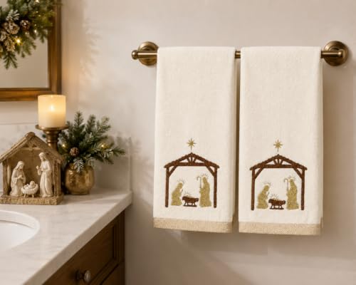 Christmas White Guest Hand Bathroom Towels, Nativity Manger Jesus, 16x26" - color: Manger