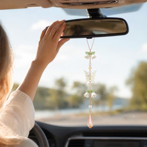 Butterfly Flower Car Rearview Mirror Charm Yellow Lily of Valley - color: Yellow - Butterfly