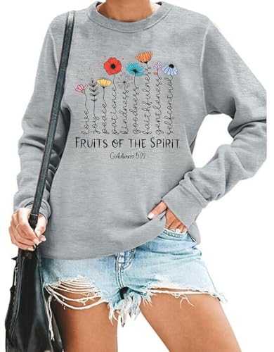 KIDDAD Christian Sweatshirts for Women Jesus Sweatshirt Bible Verse Sweatshirt Fruits of the Spirit Long Sleeve Pullover - color: Grey, size: Medium