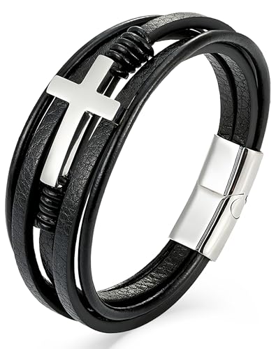 YL Mens Cross Viking Celtic Ankh Odin Compass Life Tree Leather Bracelet, 18K Gold/Black Rhodium Stainless Steel Christian Religious Protection Talisman Brown Cuff Handcrafted Jewelry Gifts - color: 18K White Gold-Cross A-Black, size: 8.3"(210mm)